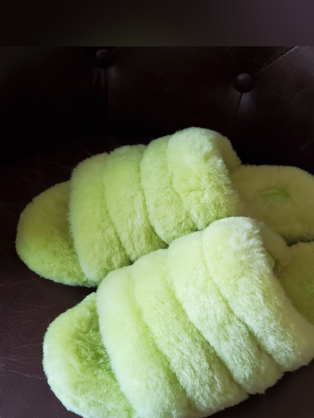 UGG Neon Lime Shearling Fuzzy Slidemade of natural sheepskin.